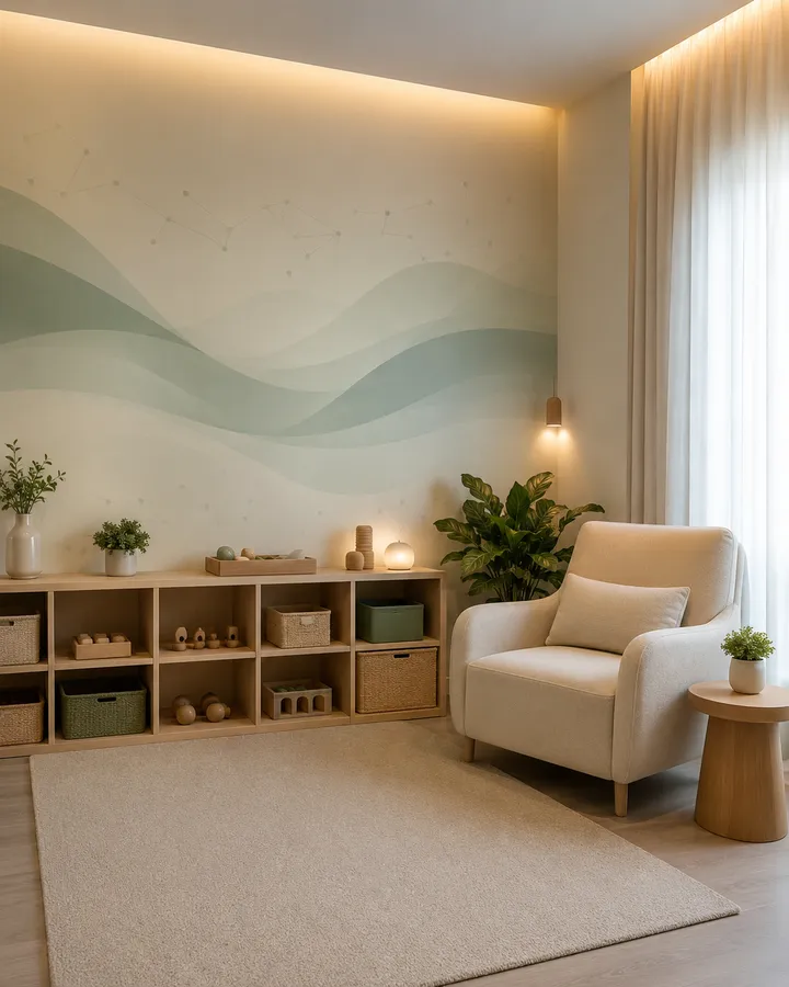 Ambiente residencial organizado com poltrona, iluminação suave e poucos estímulos visuais